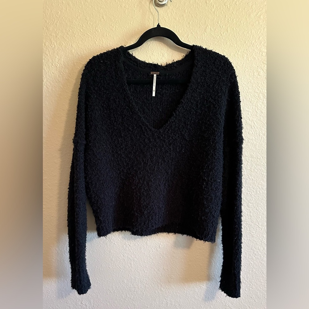 Free People V Neck Popcorn Sweater Black Size XS